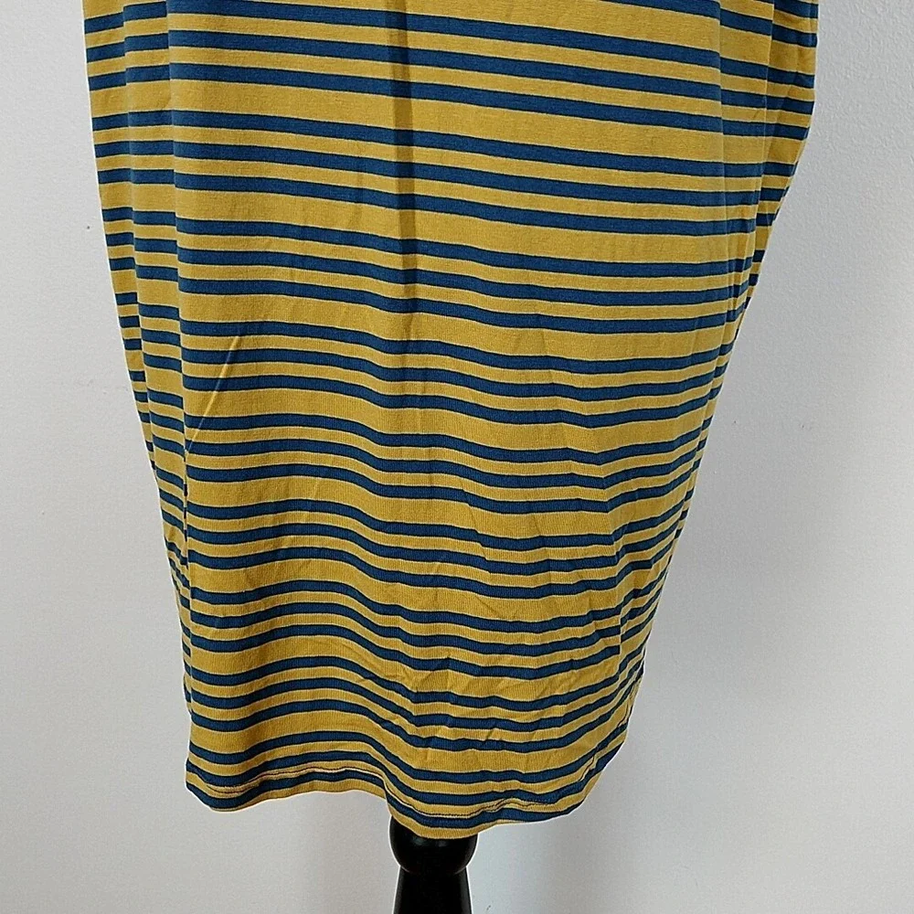 LuLaRoe Irma Tunic Top Womens Small Mustard Navy Blue Striped High Low Relaxed